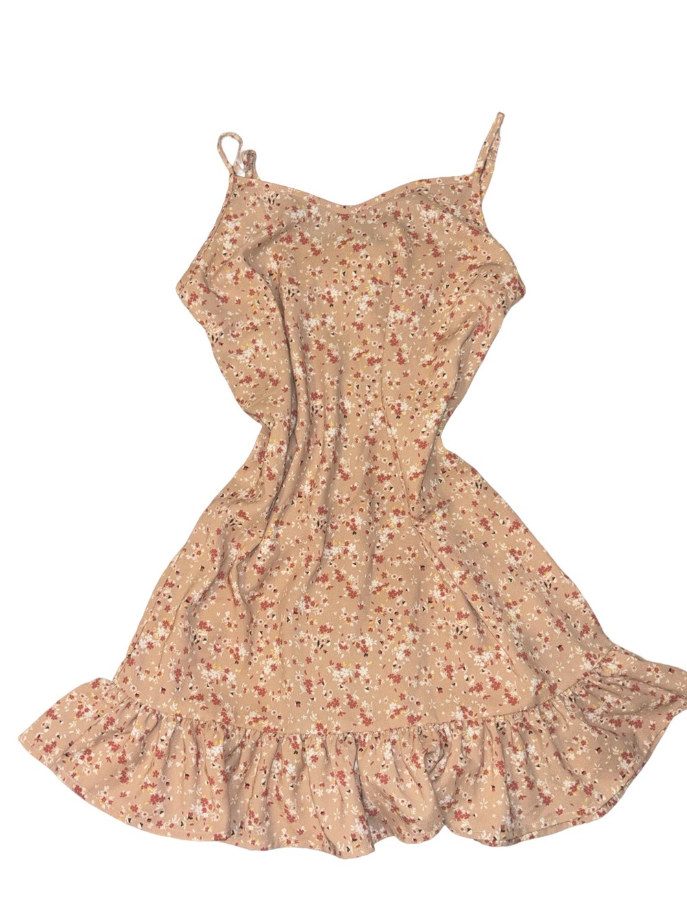 Beige Floral Spaghetti Strap Mini Dress with Ruffle Hem